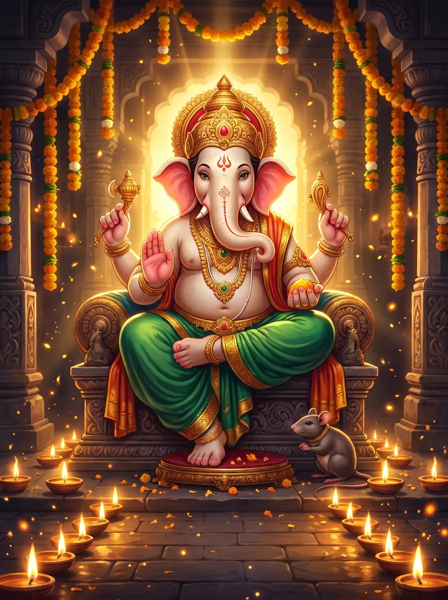 Ganesha in his shrine, on the night of the lamps