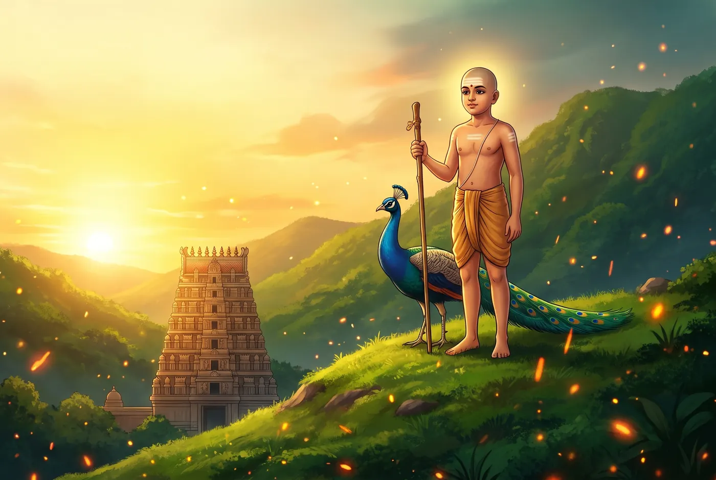 Murugan as Dandayudhapani on the hill at Palani