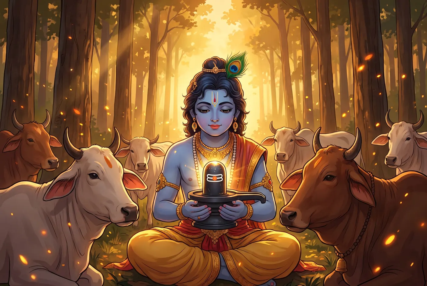 Baiju the cowherd, holding the linga among his cows