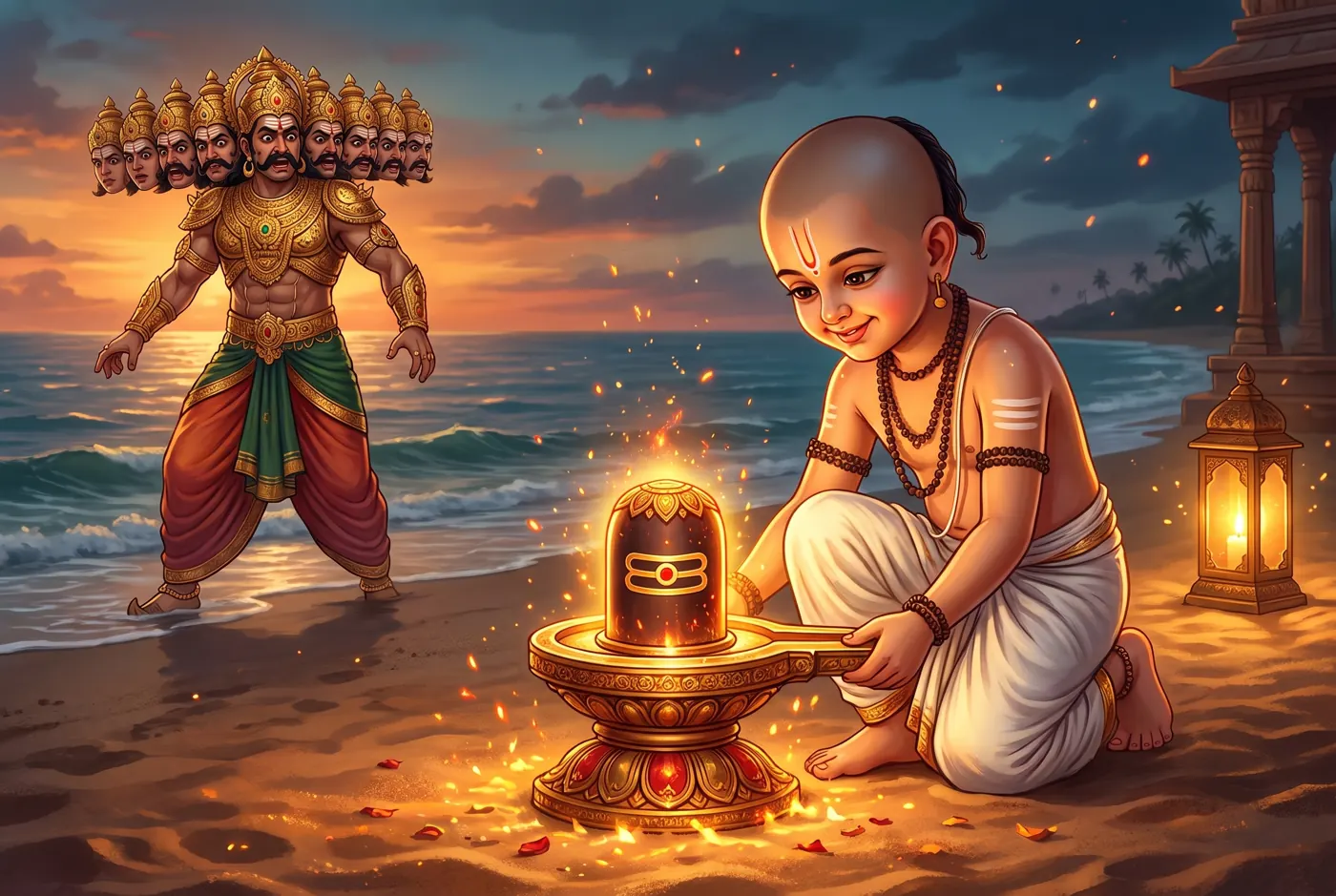 The boy sets the linga down on the sand at Gokarna