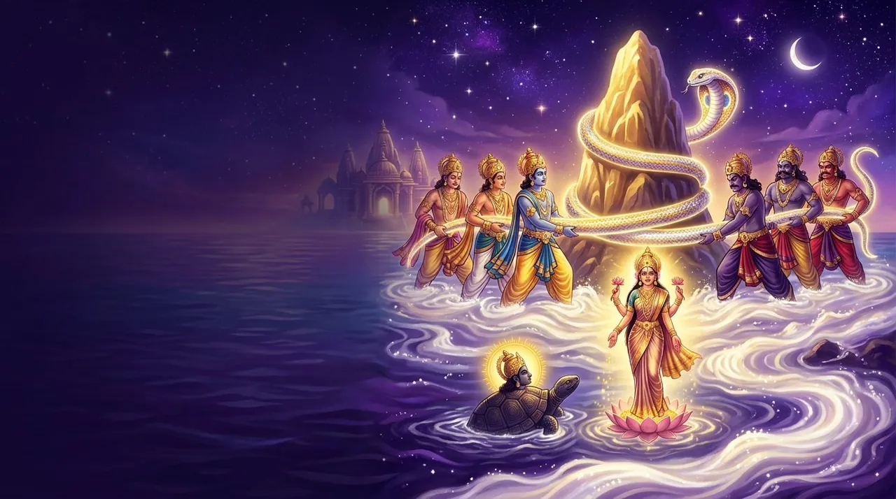 Devas and asuras churning the ocean with the serpent Vasuki